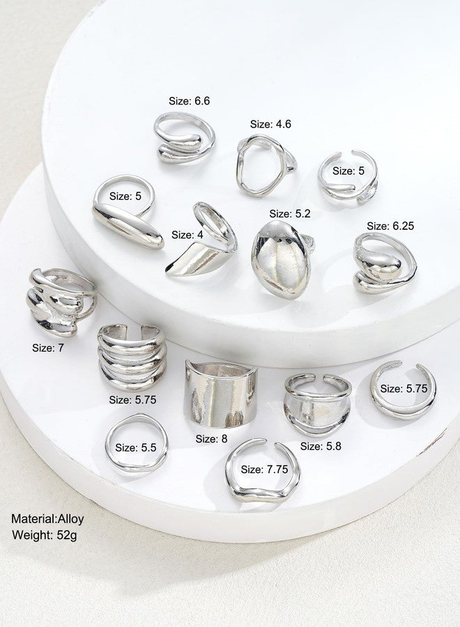 ANGLEQUEEN Chunky Silver Rings for Women 14K Silver Plated Stackable Knuckle Ring Set Adjustable Domed Silver Rings Statement Ring Set Pack (Silver14PCS) - Image 3